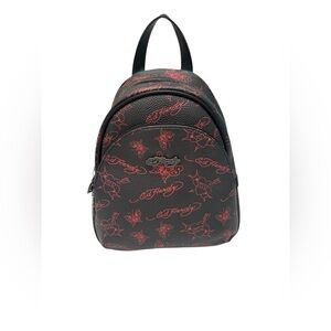 Ed Hardy mini backpack in black faux leather‎ with red tattoo Print NWT